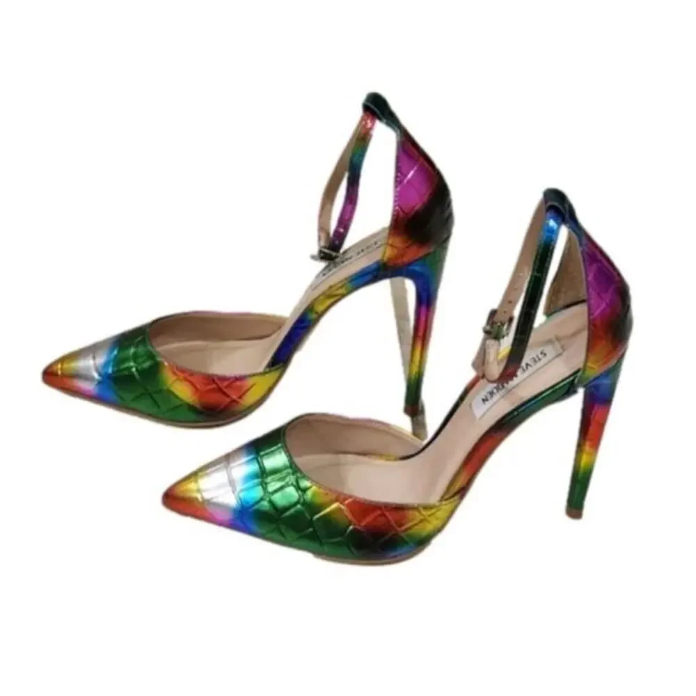 Steve Madden Rainbow Iridescent Pointed Ankle‎ Strap Heels Pumps Women's Size 8